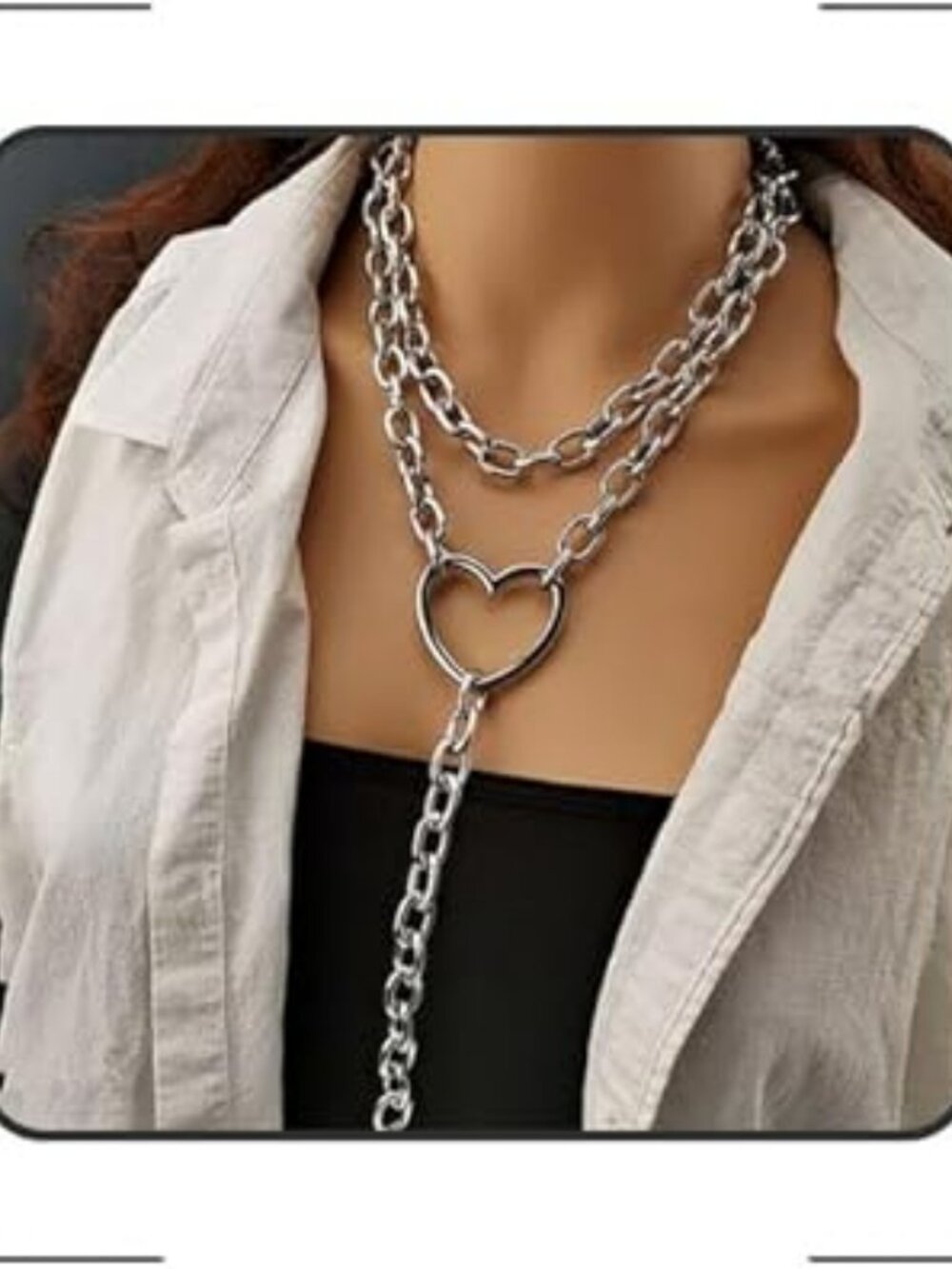 Chunky Silver Tone Layered Choker Necklace Hip Hop Cuban Chain‎ Statement Heart